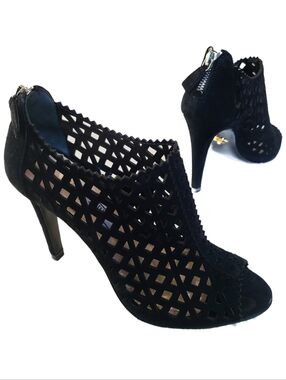 PRADA Luxe Laser Cut Out Suede Peep Toe Bootie Pump Ankle Zip *GUC* 36